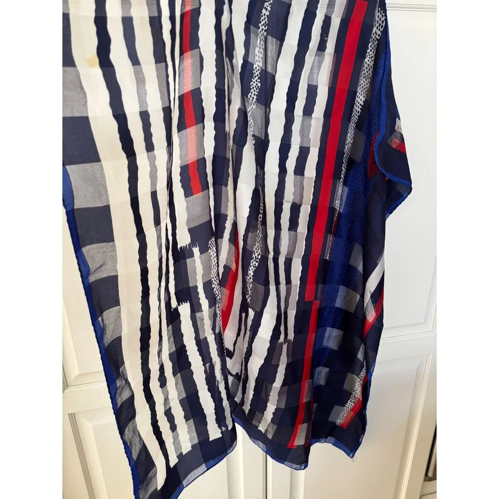 Valentina Scarf Red White Navy Blue Geometric Stripe Check Sheer Lightweight